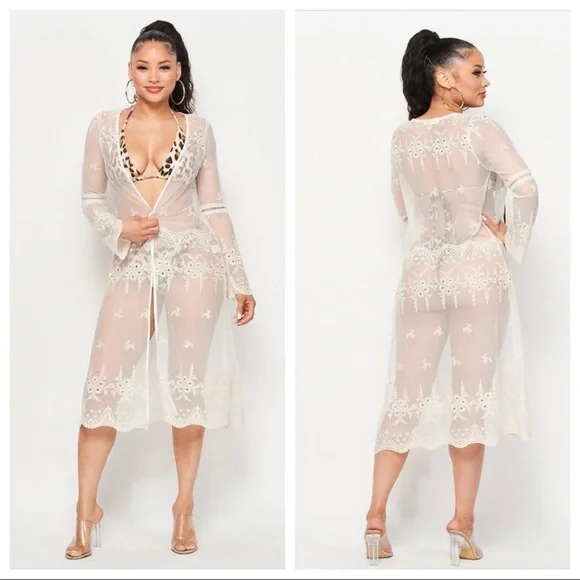 White Embroidery Mesh Beach Cover Up Cardigan - Picture 2 of 4